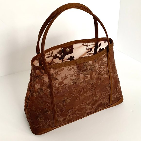 Vintage vegan boho cognac brown mesh embroidered top handle satchel bag - Picture 2 of 7